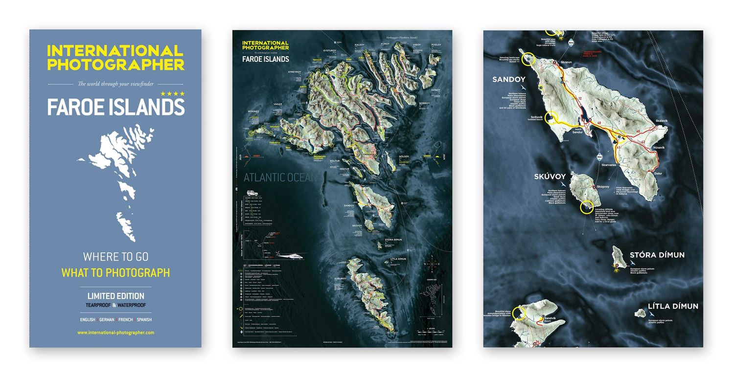 Three aerial maps and cover designs of the Faroe Islands showing the rugged coastline and topographical features.