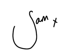 A handwritten signature in black ink showing the name "Sam" with a small cross symbol at the end.