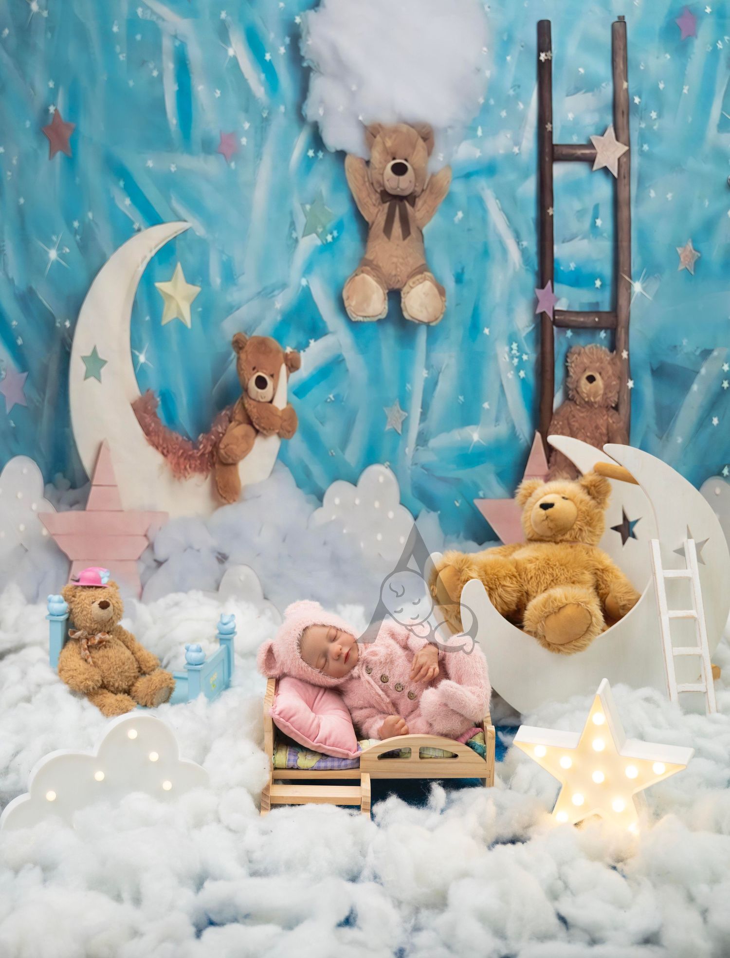 Dreamy nursery scene with teddy bears, crescent moon, and stars on blue background with cotton clouds.