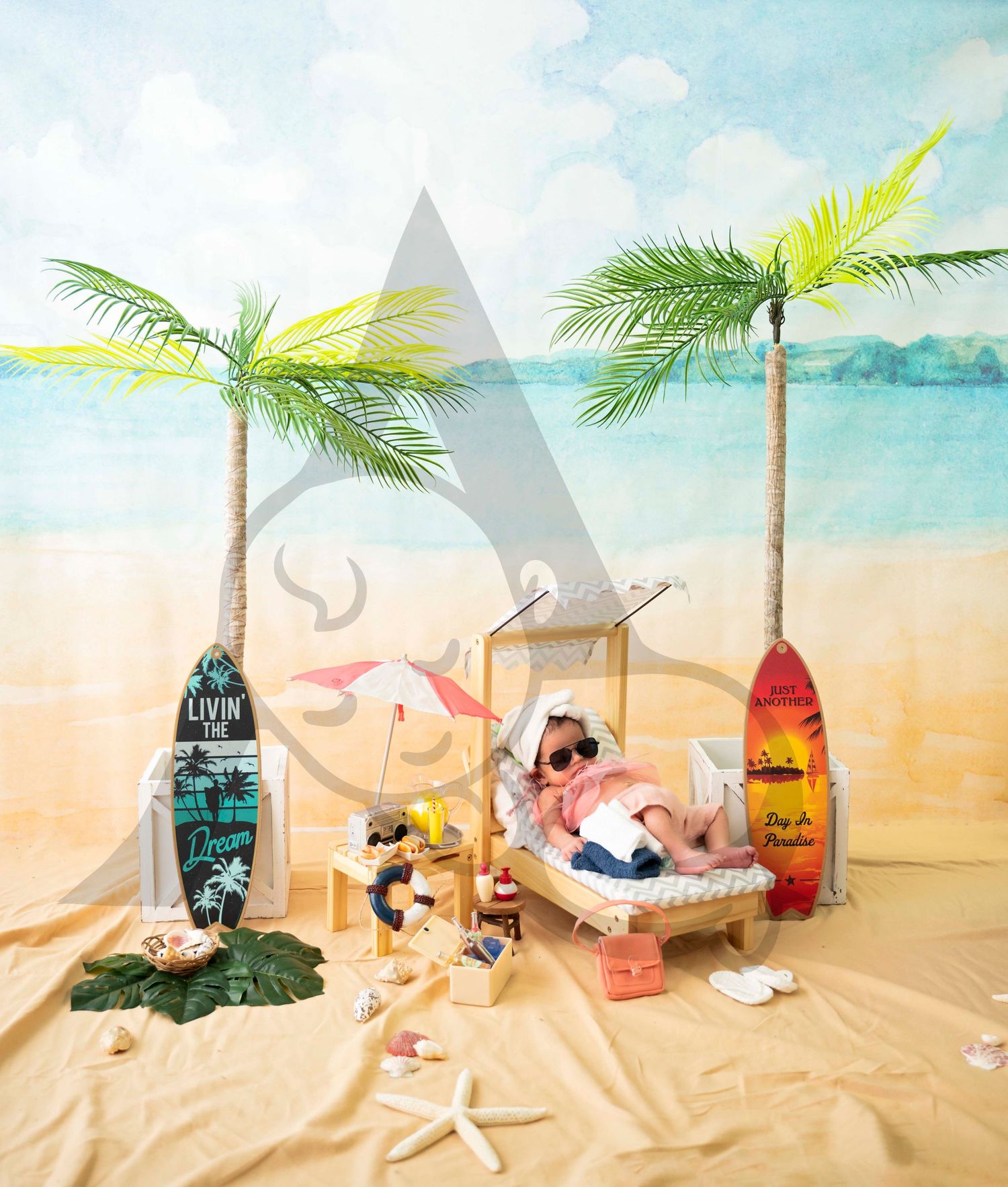 Beach themed scene with surfboards, palm trees, and seashells on sandy backdrop.