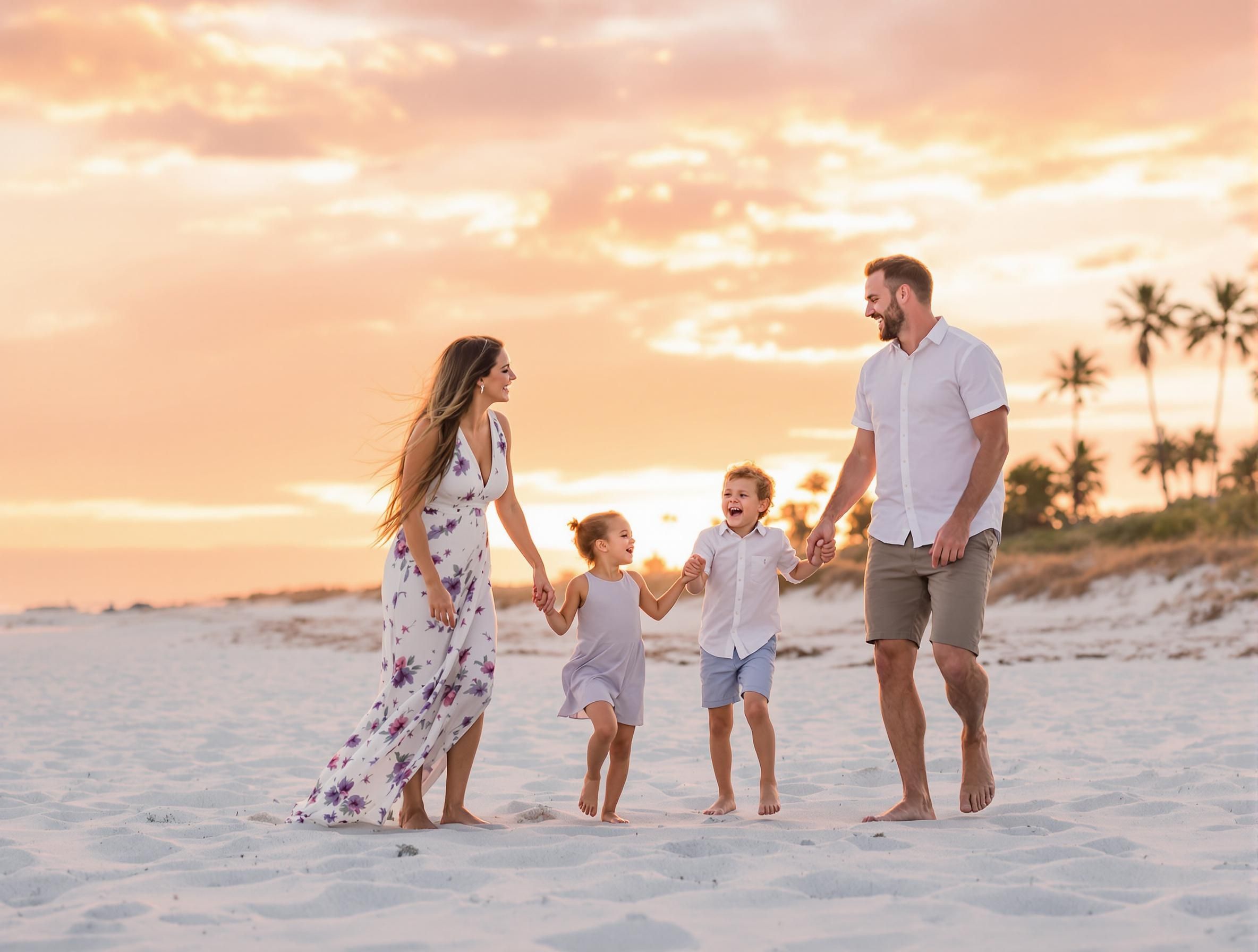 A family walks along a sandy beach at sunset with palm trees silhouetted in the background.