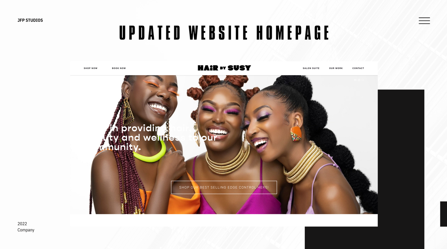 Three people in bright colored tops smile joyfully together in a modern website homepage design.