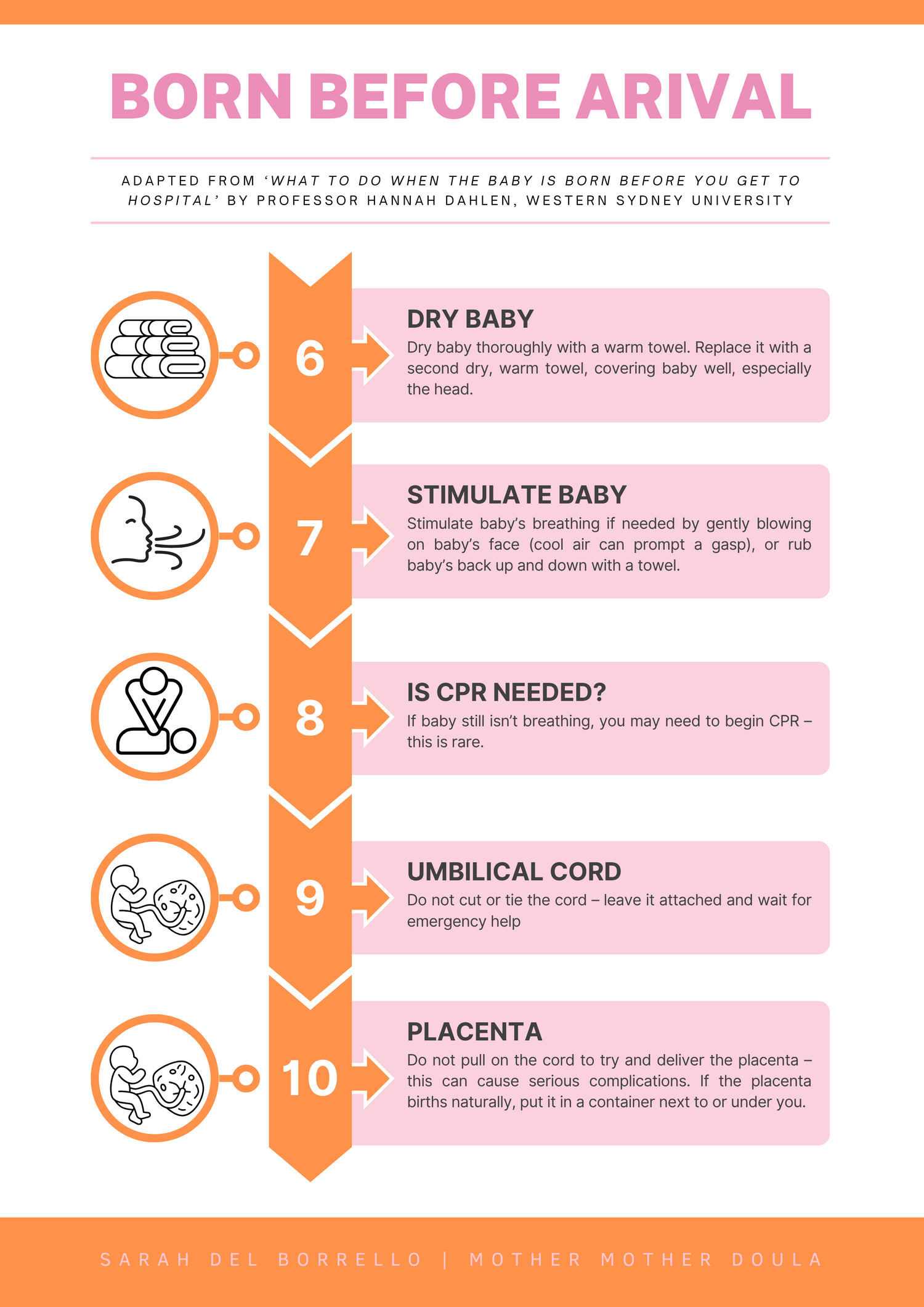 An infographic showing 5 steps of childbirth procedures including dry baby, stimulation, CPR, umbilical cord, and placenta care.