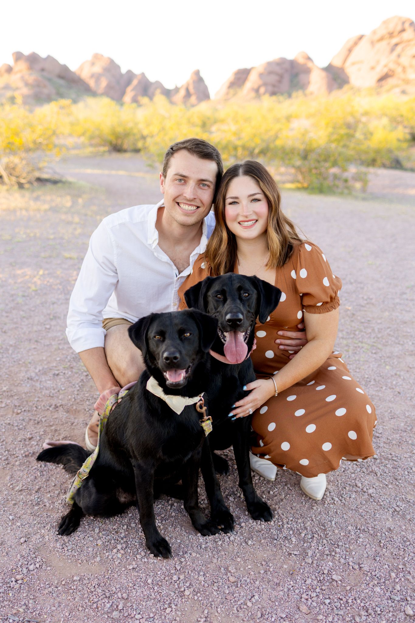 A couple in desert surroundings poses with their two happy black Labrador dogs against rocky mountain backdrop.