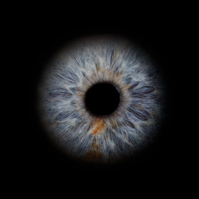 Close up macro photograph of a human iris showing intricate blue and brown patterns against a black background.