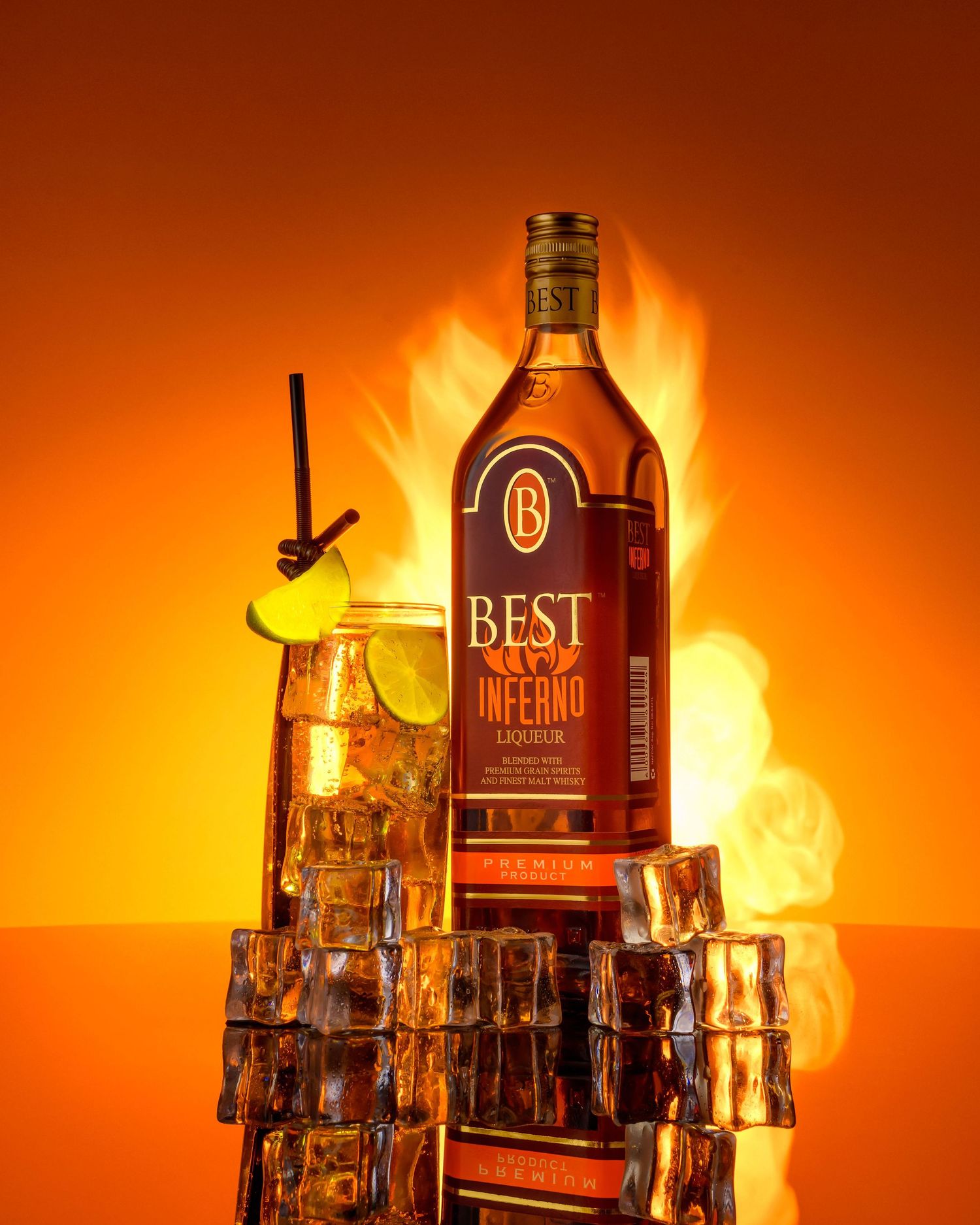 A glass bottle of whiskey sits elegantly among ice cubes with a warm orange glow in the background.