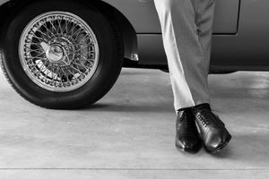 Detail shots of classic car wheels and formal attire at ground level.
