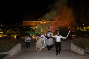 Wedding party running through colorful smoke bombs at night celebration.