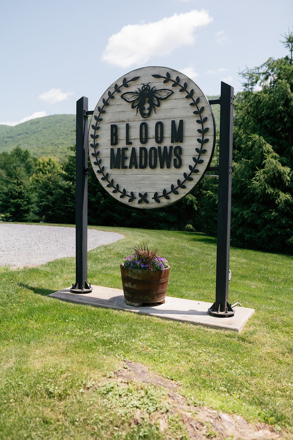 Scenic view of a mountain welcome sign with ornate design elements and flower planters on a grassy hillside.