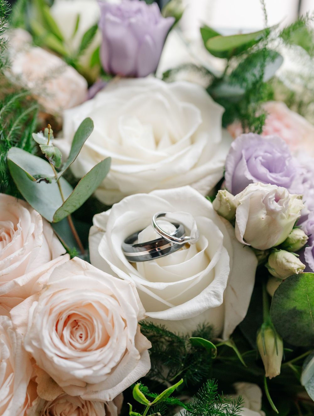 Silver wedding rings nestled on a bed of white and blush roses with greenery for a romantic wedding detail shot.