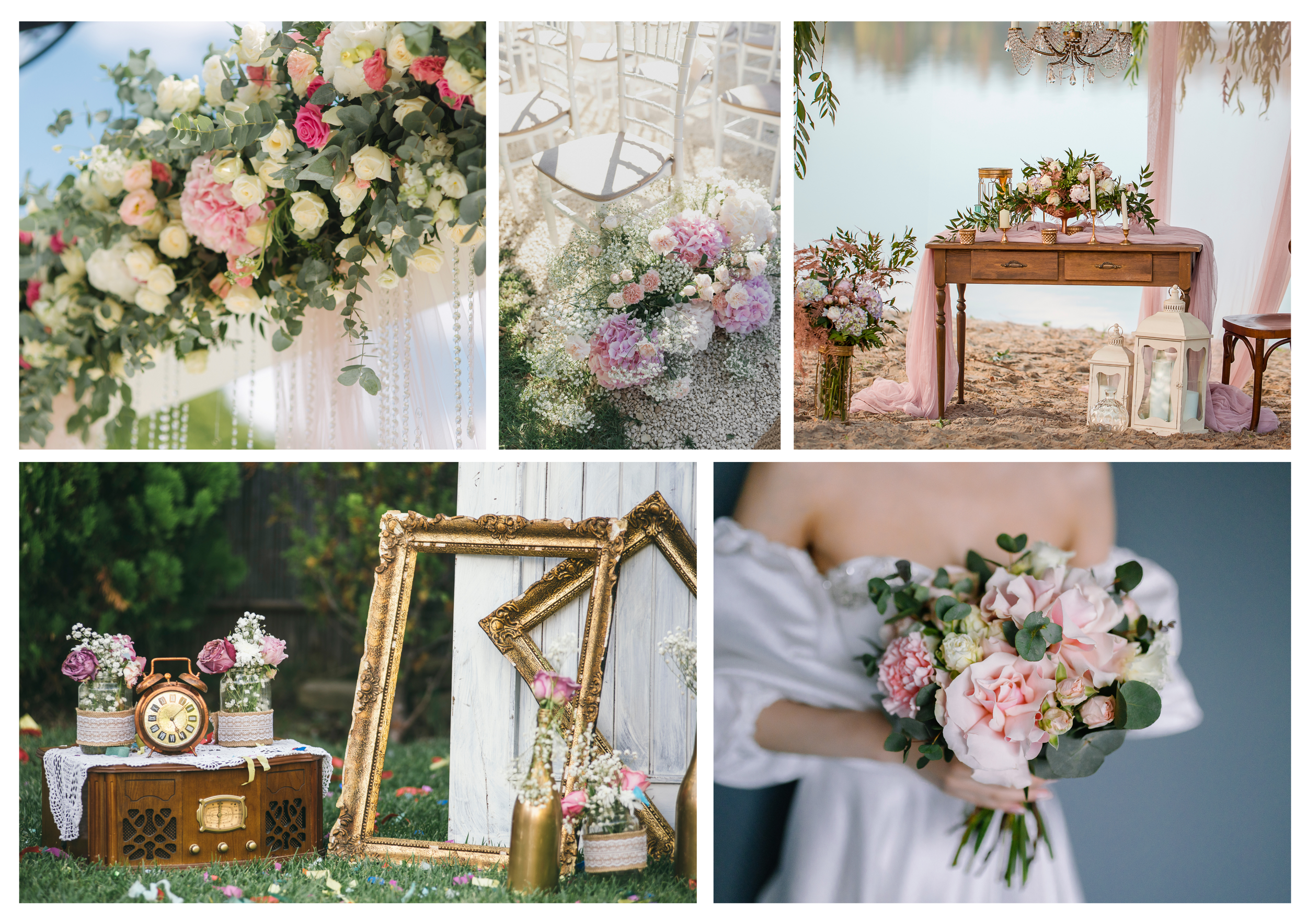 A romantic wedding decor collection featuring delicate floral arrangements, vintage furniture, gold frames, and blush pink roses.