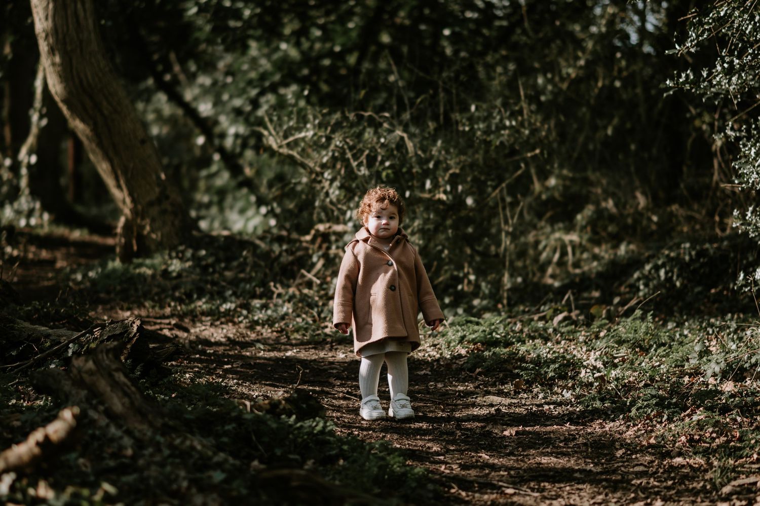 A small child in a pink coat stands alone on a wooded forest path dappled with sunlight.