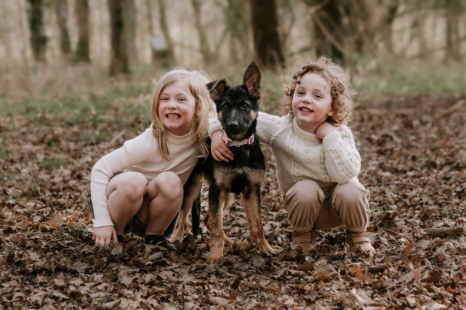 Two children crouch next to their German Shepherd dog in a wooded area covered with fallen autumn leaves.