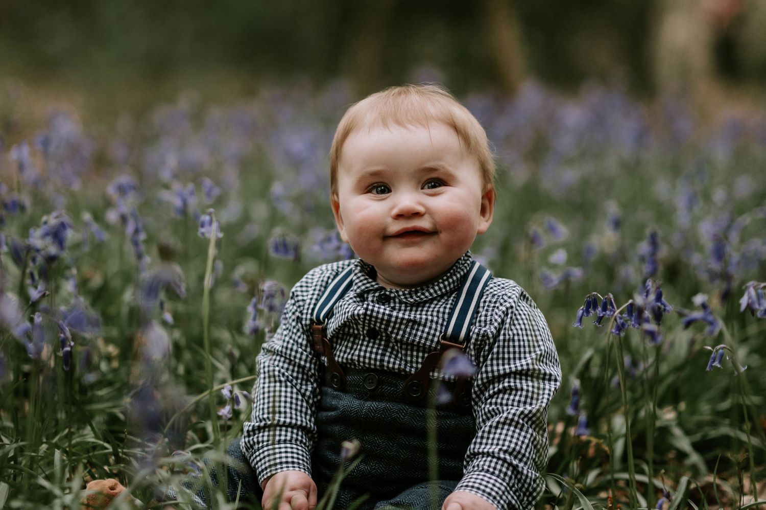 Small child in gingham shirt and overalls sits smiling among vibrant purple wildflowers in springtime.