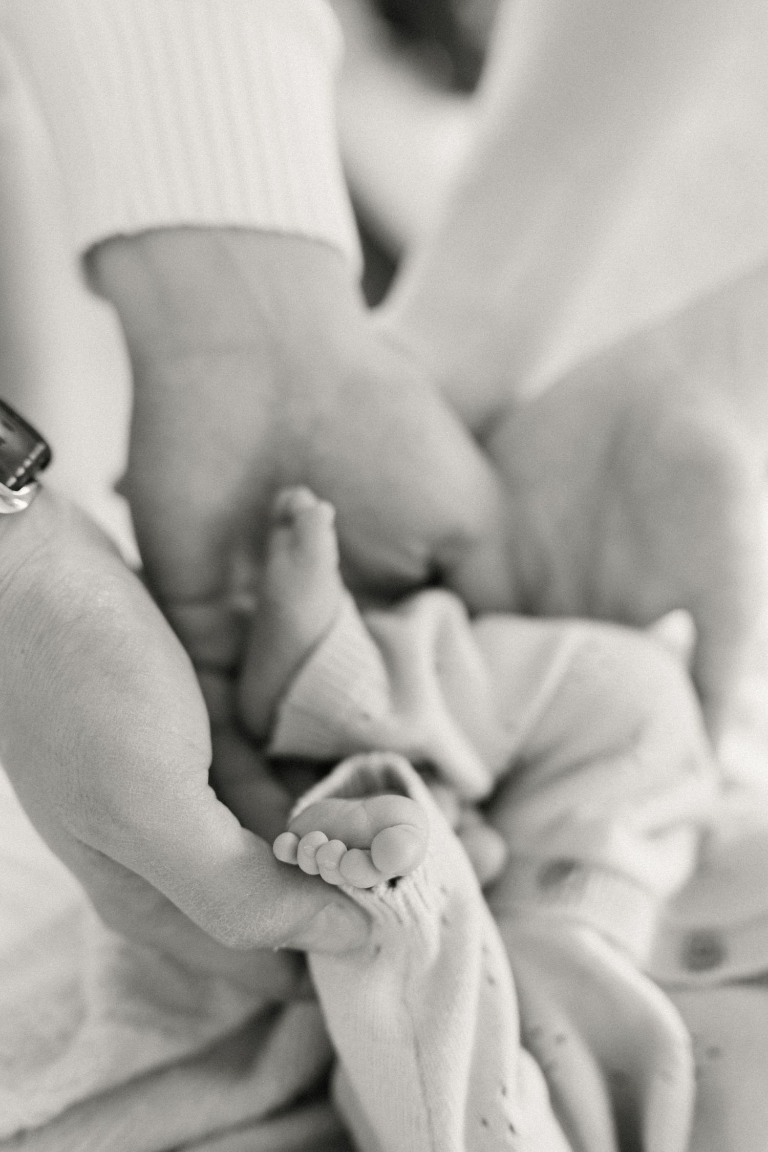 Black and white close-up photograph of tiny baby feet being gently held by adult hands with blanket background.