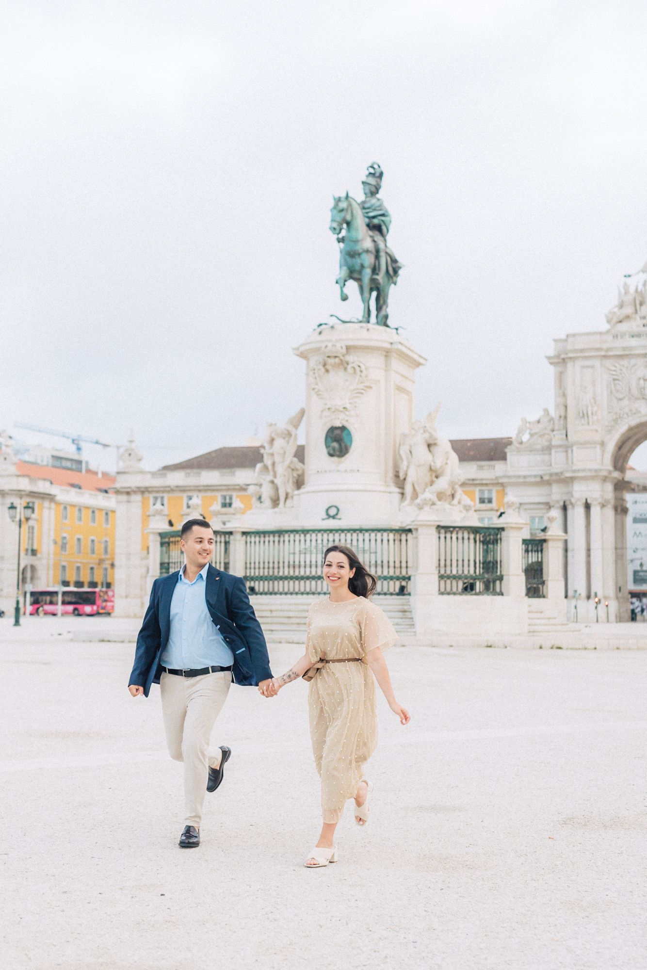 Romantic engagement photoshoot in terreiro do paço at the historic lisbon center during a Destination Wedding in Portugal