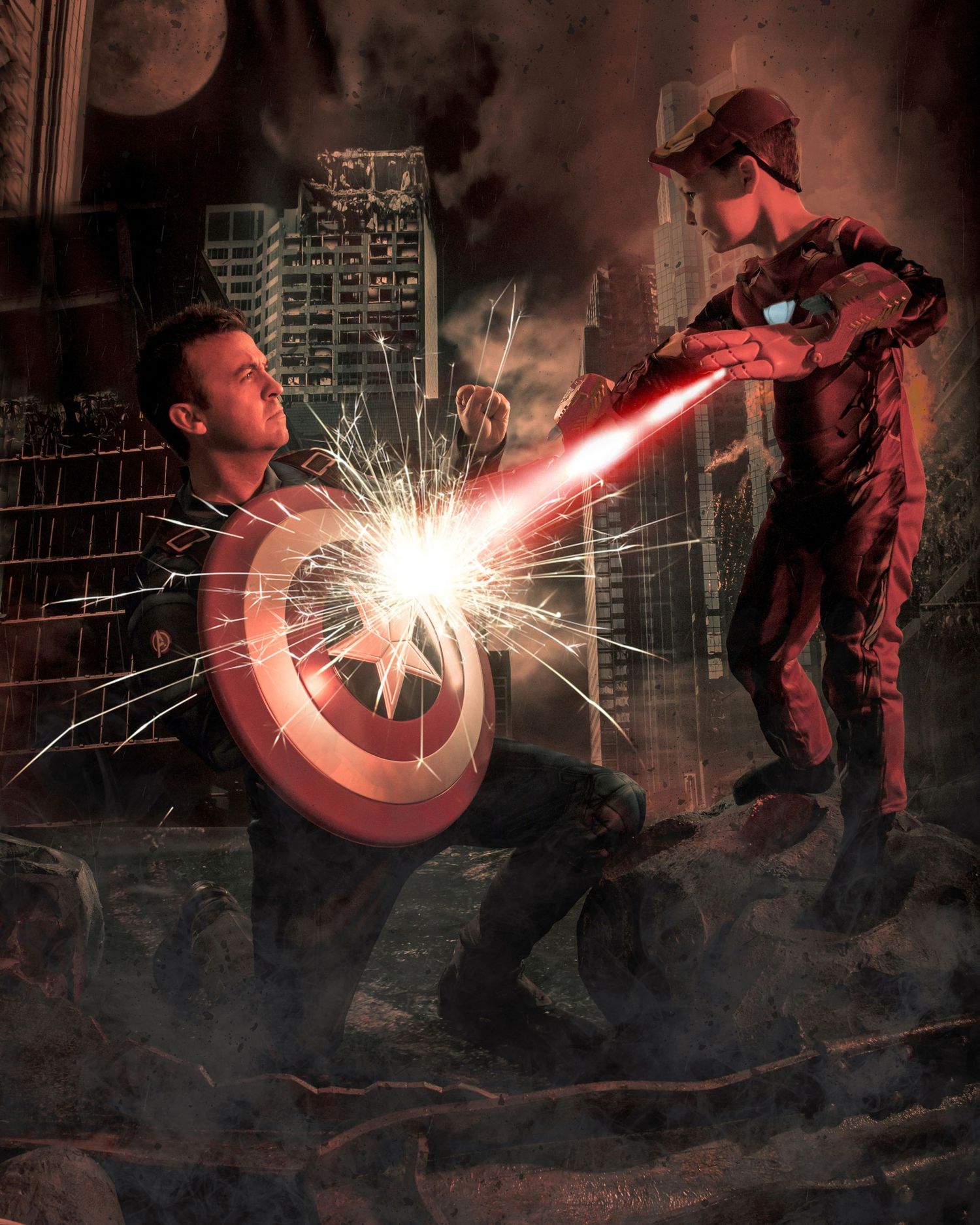 A dramatic battle scene shows a shield deflecting a red laser beam in a dystopian city.
