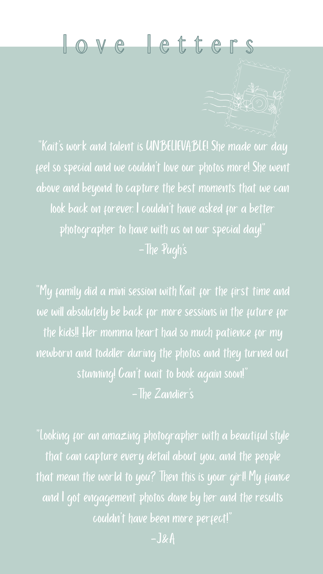 A mint green background with white text displaying customer testimonials and love letters about photography services.