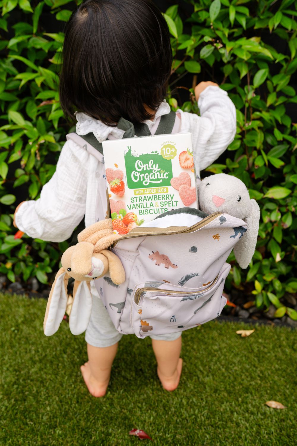 Small child wearing white top and gray shorts carrying Only Organic snacks with stuffed animals in garden setting.