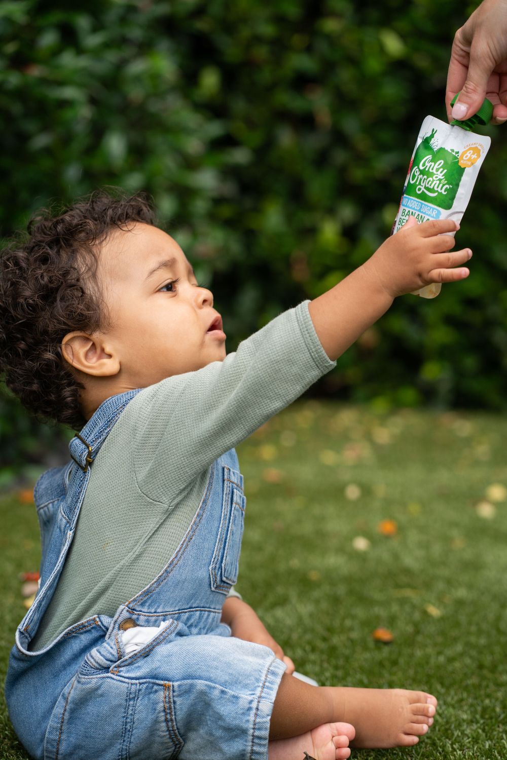 Toddler in overalls reaches up for organic snack pouch in garden setting.
