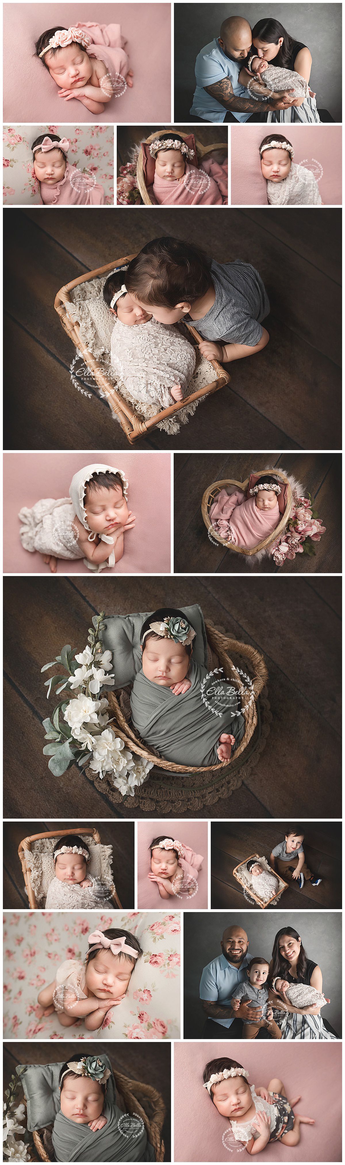 A collection of professional newborn photography featuring delicate poses with lace, floral details, and family portraits.