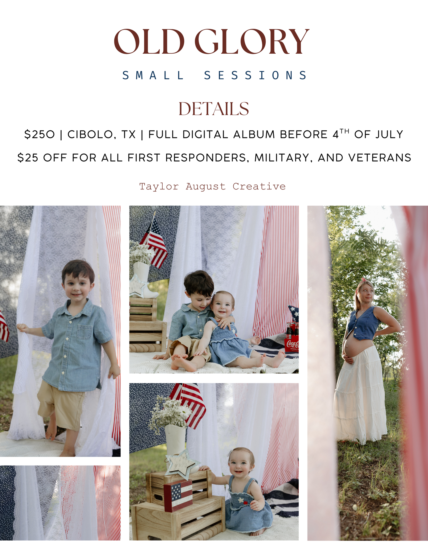 Marketing photos for Old Glory photography sessions featuring American flags and patriotic summer styling outdoors.