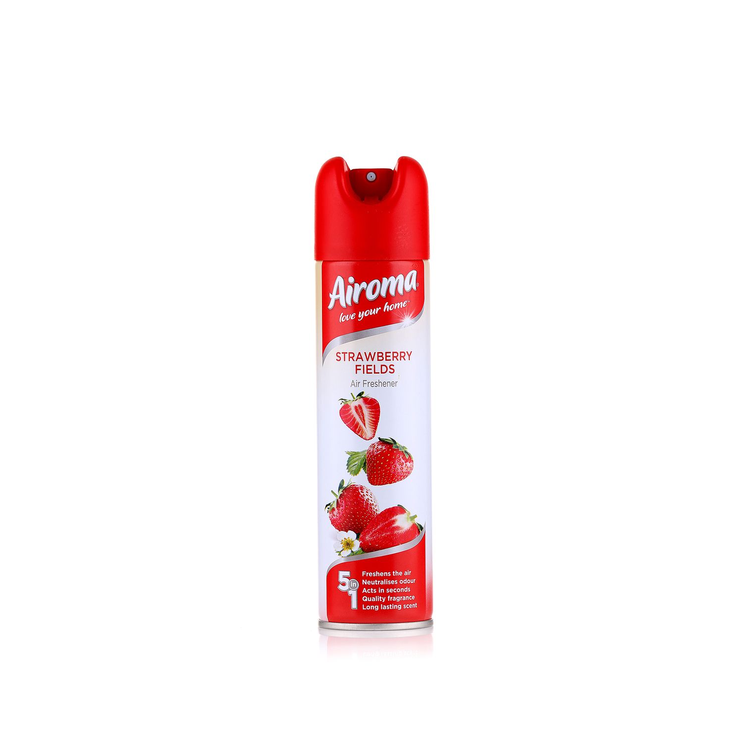 Red Airoma air freshener spray can with strawberry fragrance design on white background.