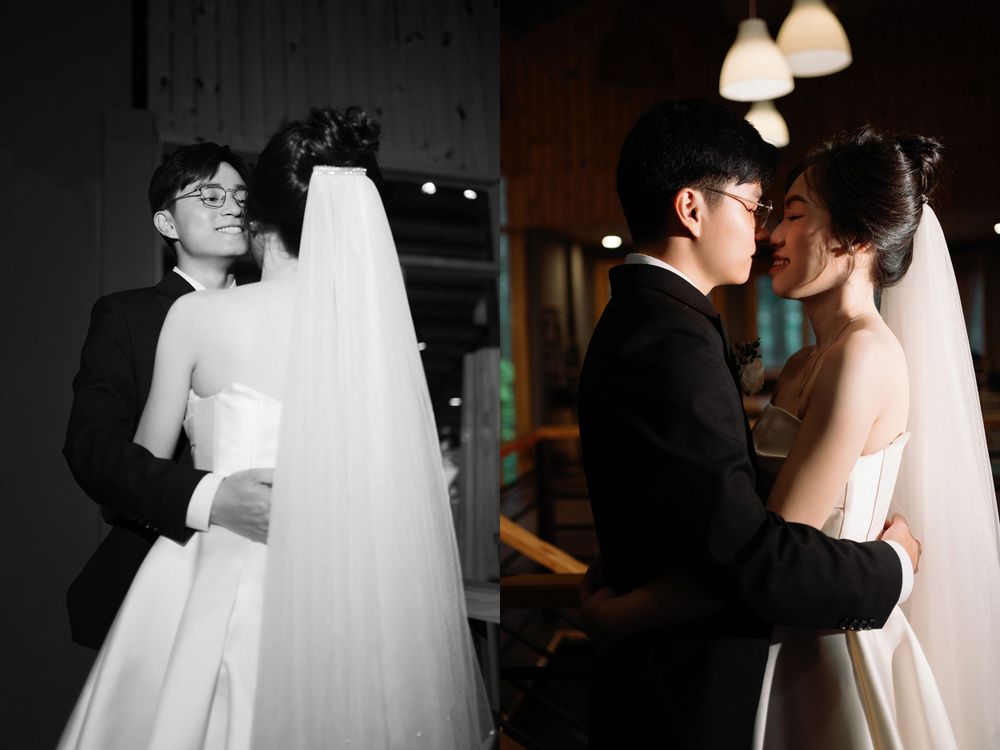 Black and white wedding photos showing romantic moments between newlyweds with flowing white veil.