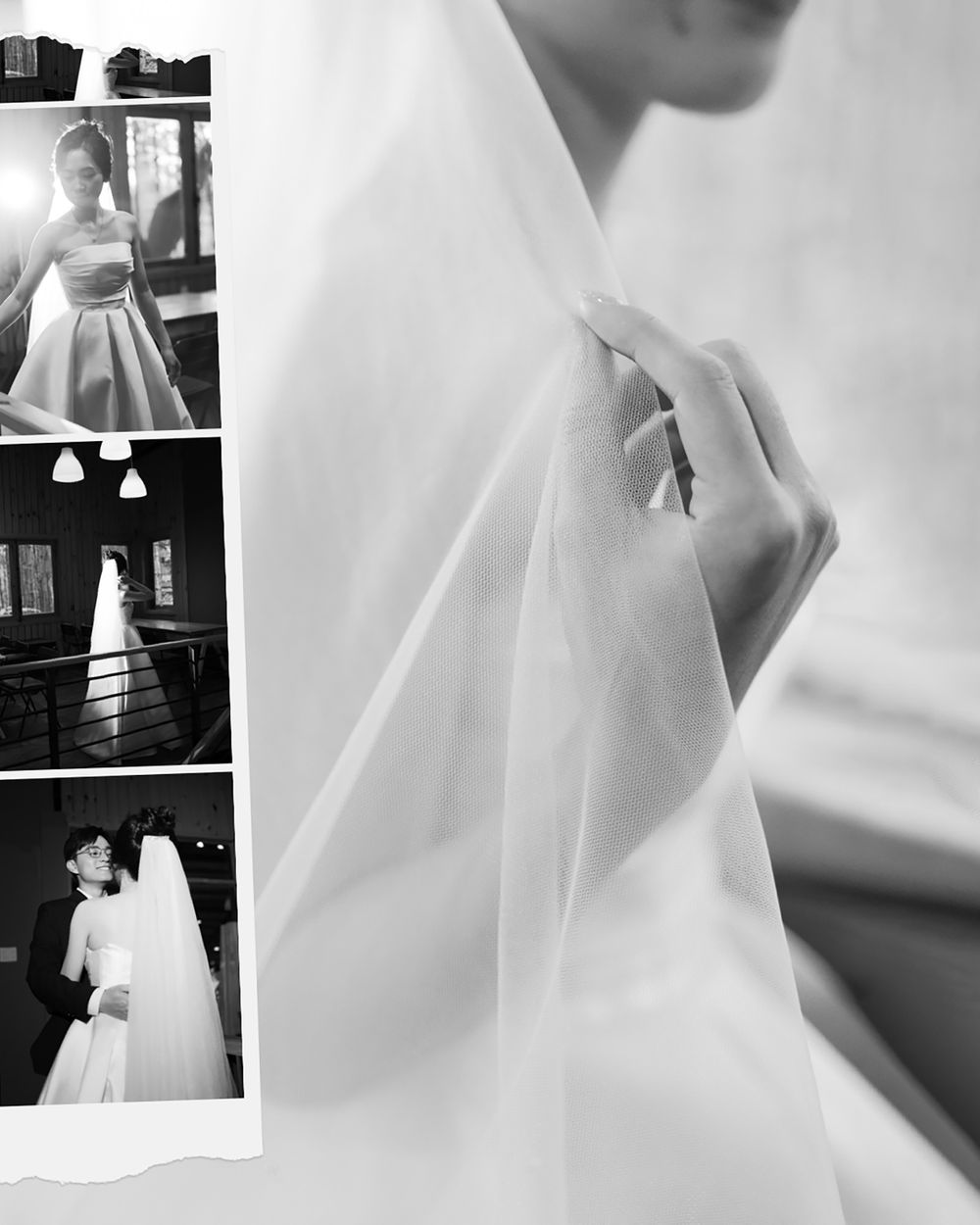 Black and white collage of wedding dress preparations and bridal portraits.