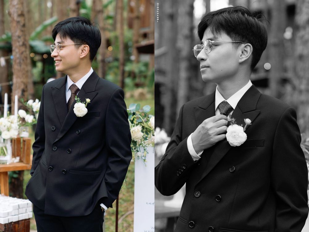 Side-by-side portraits of a groom in a black suit with boutonniere.