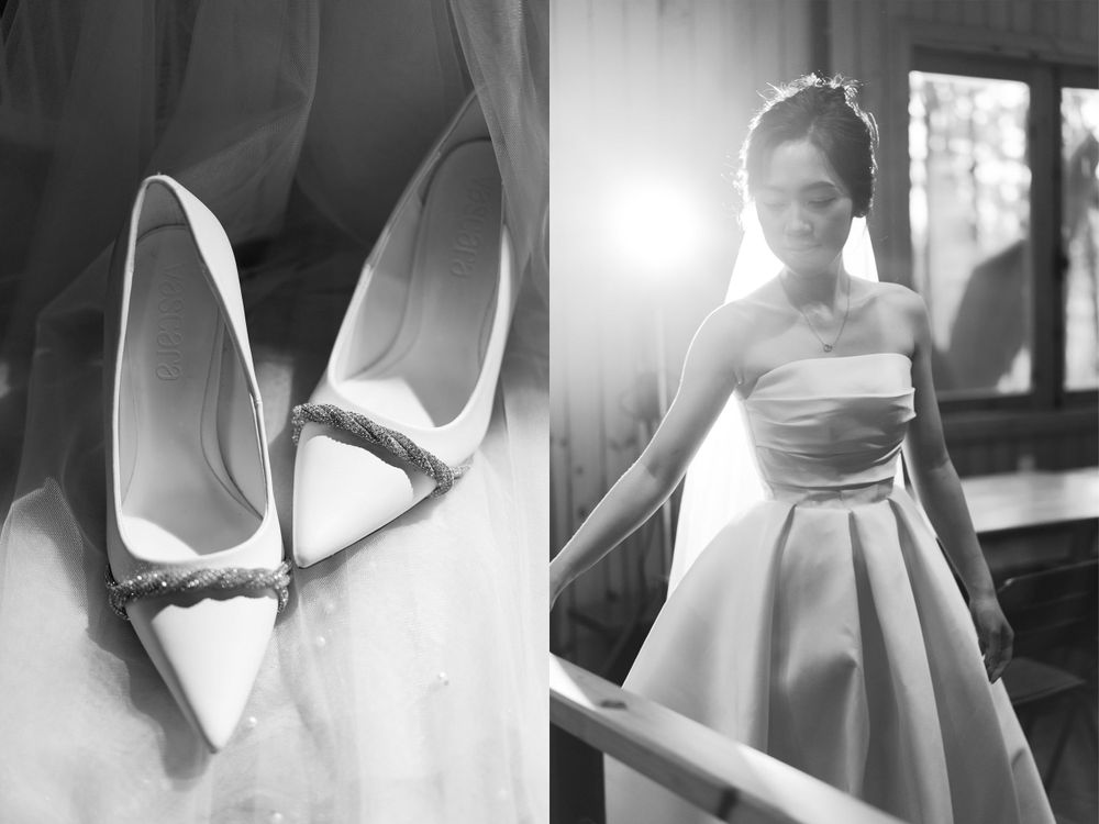Black and white diptych of bridal shoes and a bride in an elegant ball gown.
