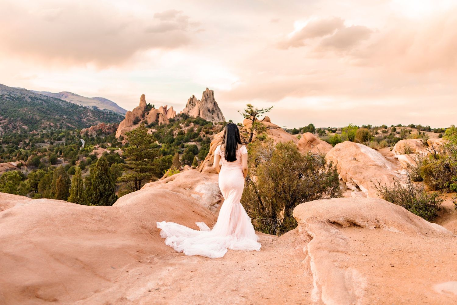 Woman in long pink fishtail dress, red rock formations, mountain peak in distance in front of her, her back to camera