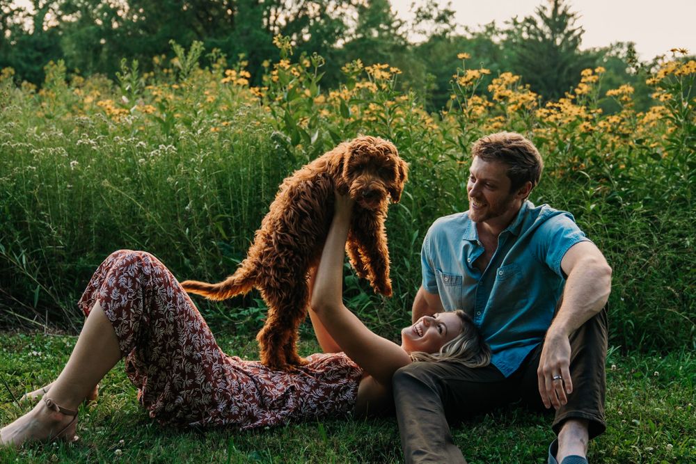 Family pet photographer in Cincinnati Oh Mini Goldendoodle puppy Dog photos Dayton Ohio Couples photography near me
