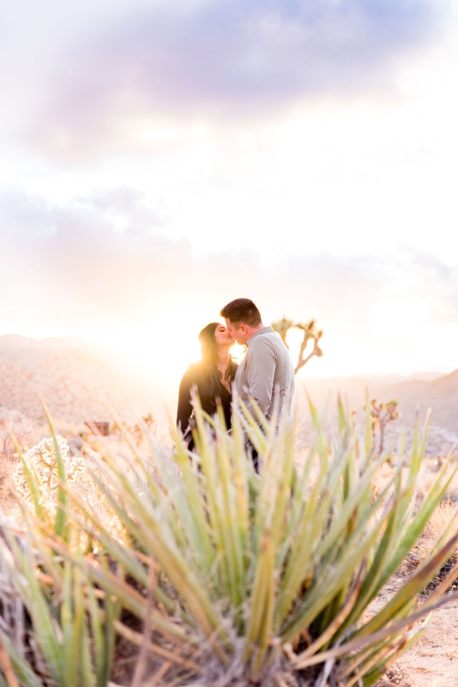 woman in black dress kissing man in gray shirt in front of a colorful sunset at Joshua Tree National Park