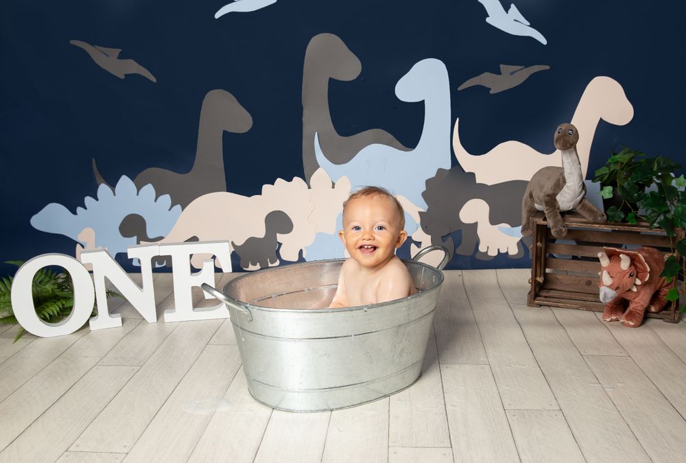dinosaur background with a child sat in tin bath