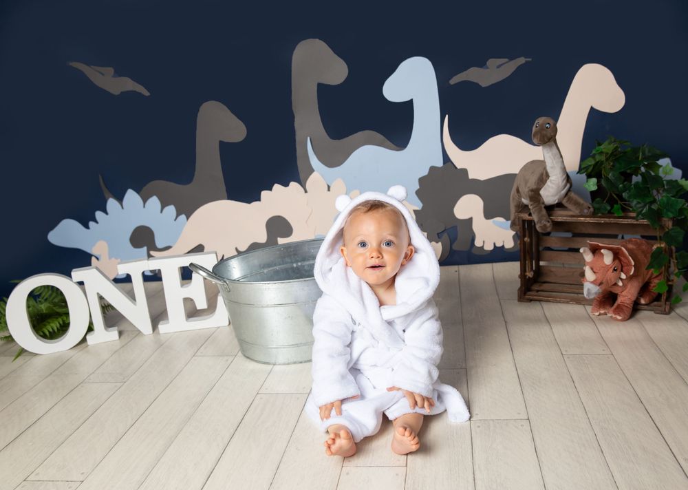 dinosaur background with child in white dressing gown sat in front of a tin bath