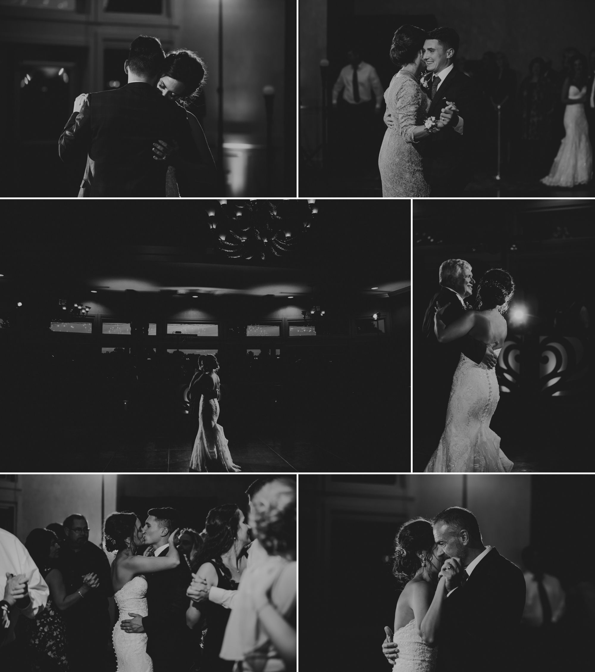 Black and white collage of the formal dances and the bride and groom kissing on the dance floor with people around them.
