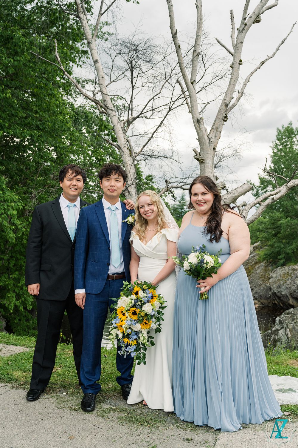 Wedding party members pose by white birch trees with bride in white gown holding yellow sunflower bouquet.