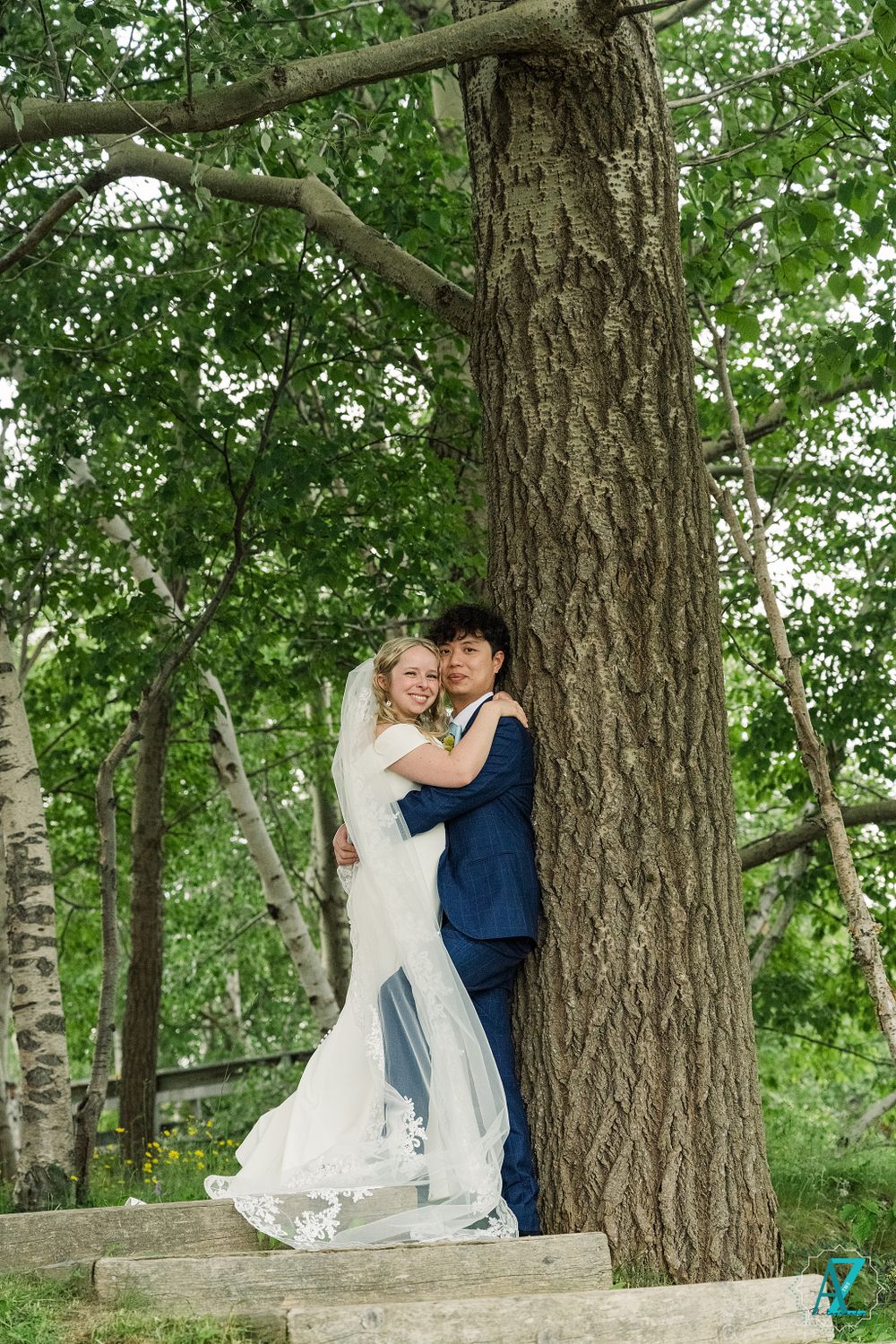 A romantic wedding couple embraces against a large tree trunk in a lush green forest setting.
