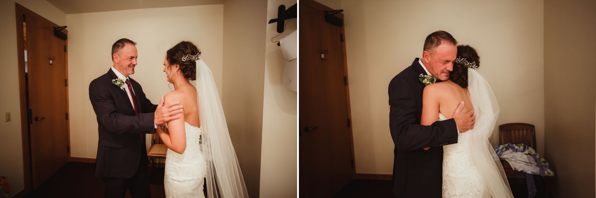 Bride's dad seeing her in her dress for the first time and hugging her.