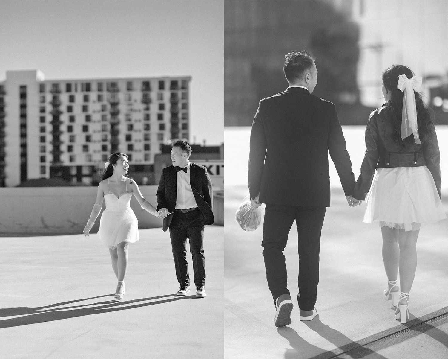 Black and white diptych of a couple walking hand in hand on an urban rooftop.