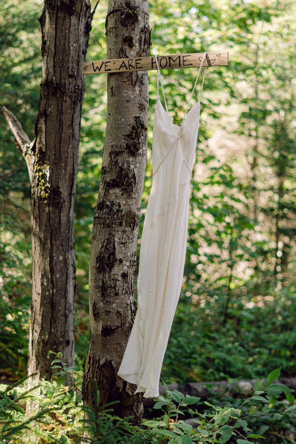 Wedding Dress Hanging in Forest