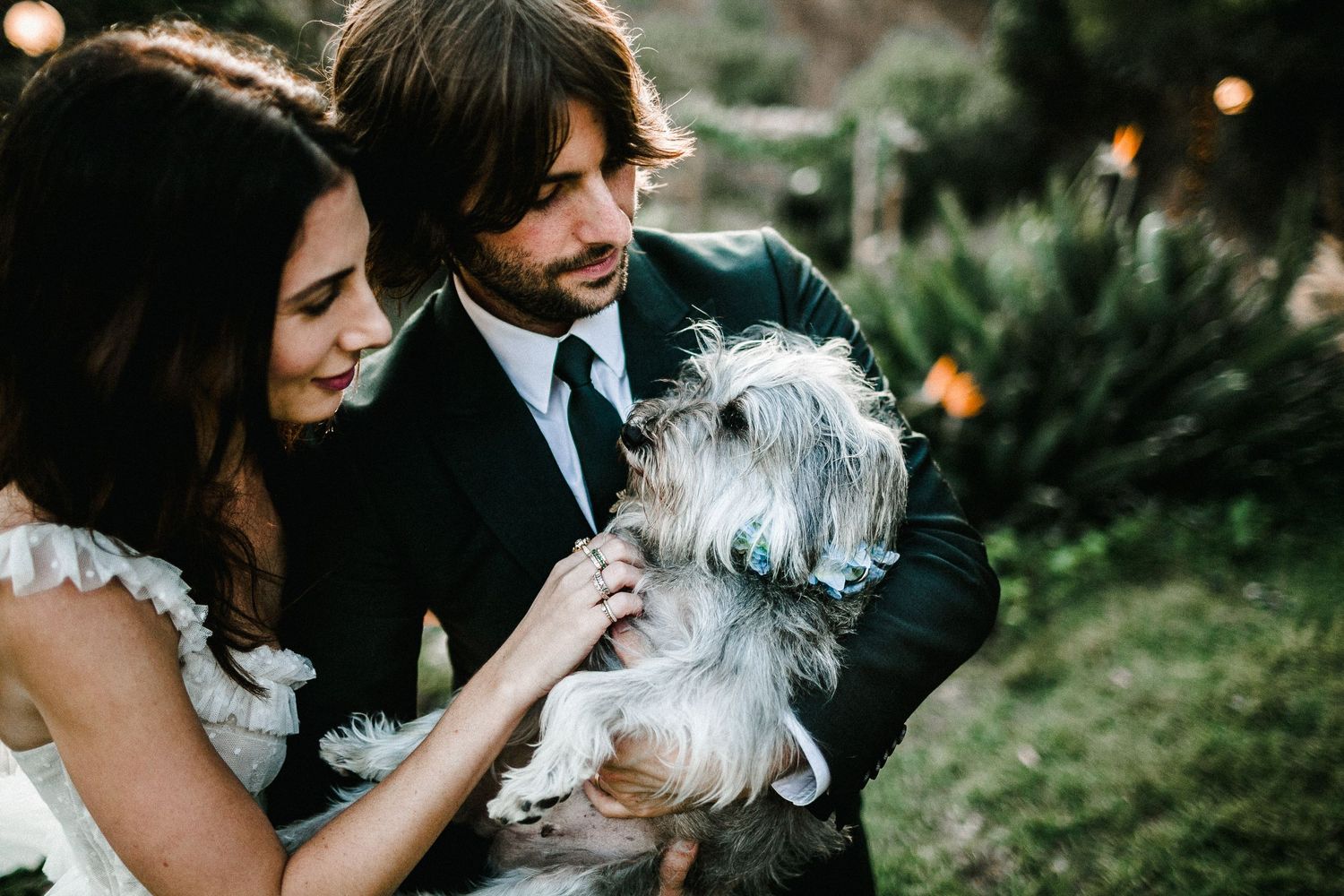 bride and groom petting dog