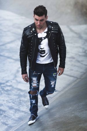 Actor Christian James Diesel Leather Biker Jacket Converse Venice Skate Park California James Dean Ripped Denim