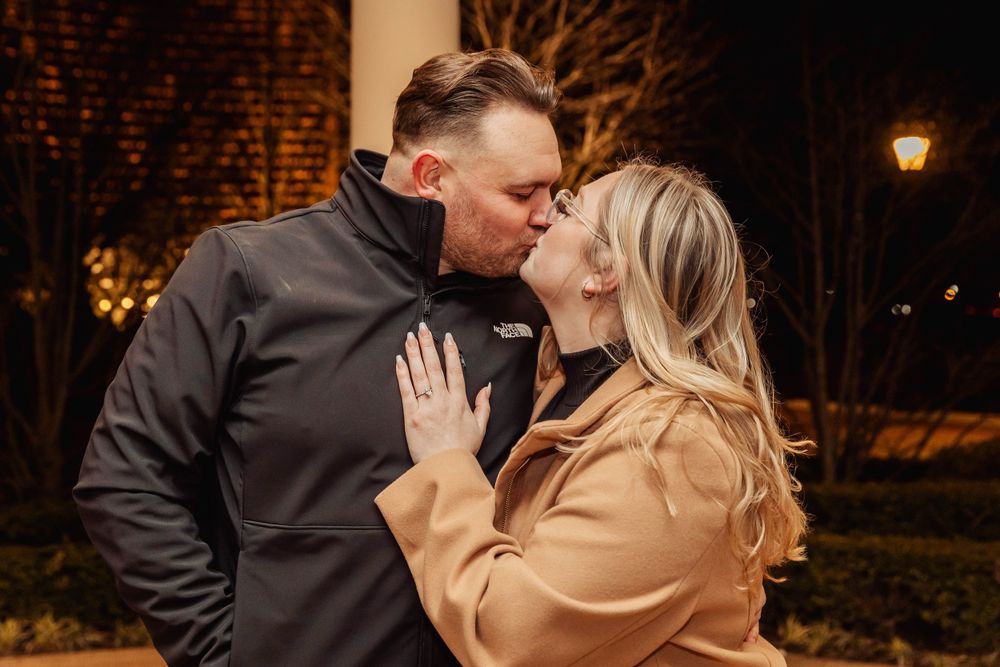 A romantic evening moment captured between two people in casual winter wear.