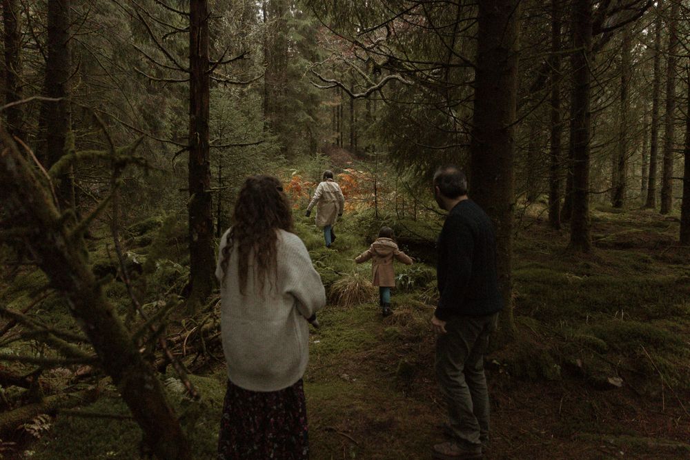 Family of four playing in the woods during winter
