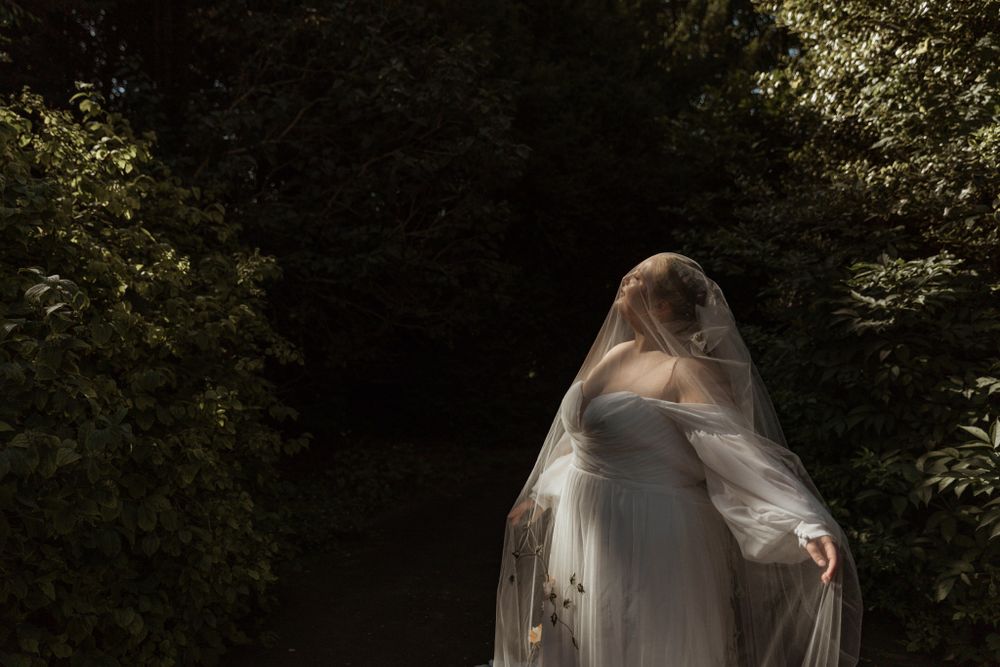 bride with veil over there her face in beautiful light