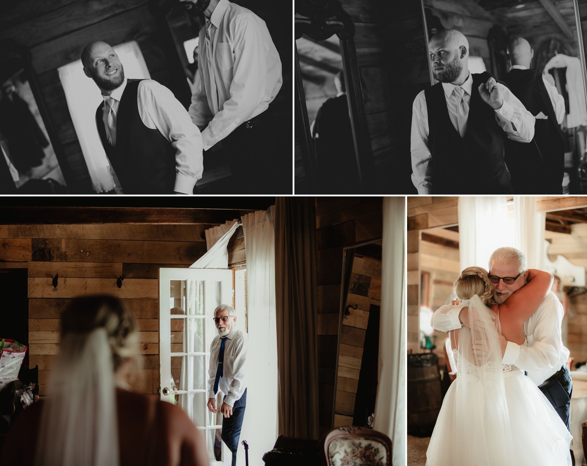 A college of a groom getting ready and the bride's dad seeing her in her gown.
