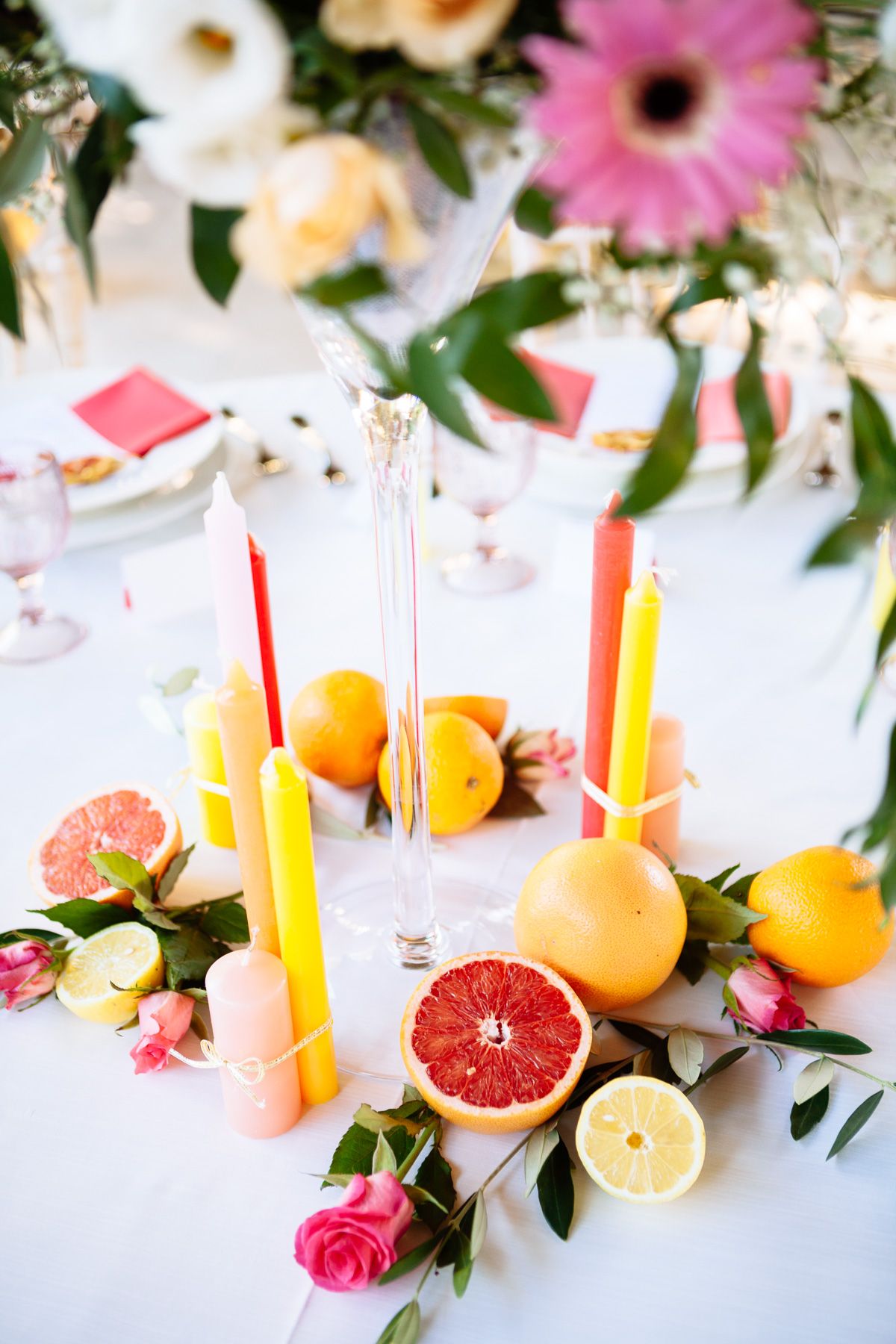 bright and bold tuscan wedding inspiration citrus on table setting