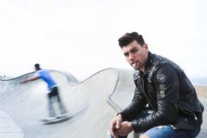 Actor Christian James Diesel Leather Biker Jacket Converse Venice Skate Park California James Dean Tom Ryen Skate Board